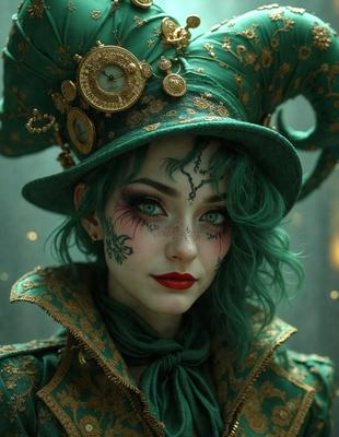 The primary subject of the image is a woman wearing a green hat and green makeup. She is dressed in a green outfit and has green hair. The setting is a room with a clock visible in the background. The visual style appears to be a combination of a photo and digital art, creating a unique and eye-catching image. The colors and mood of the image are predominantly green, giving it a vibrant and lively atmosphere.